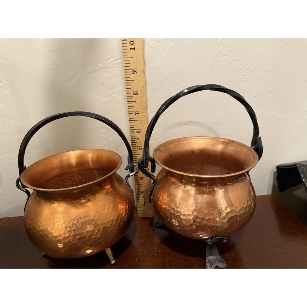 VTG Set Of 2 Hammered Copper Pot Cauldron Germany Bail Wrought Iron Handles Feet